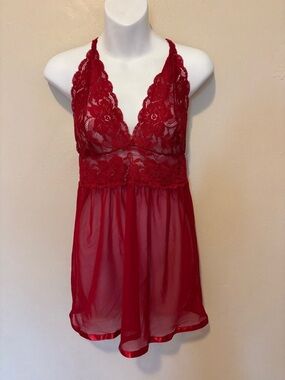 Red Lace Plunge Chemise with Sheer Skirt